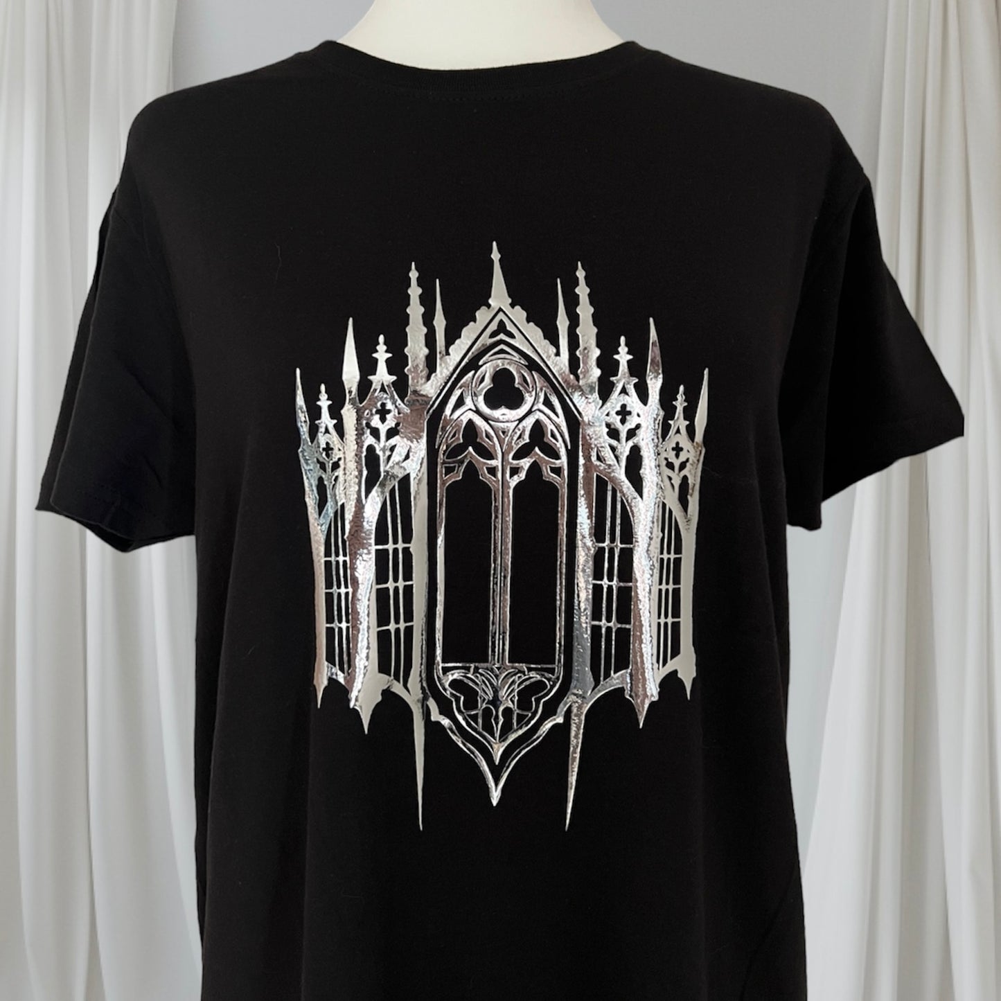 Gothic Cathedral window Unisex t-shirt regular size in silver foil or gold foil