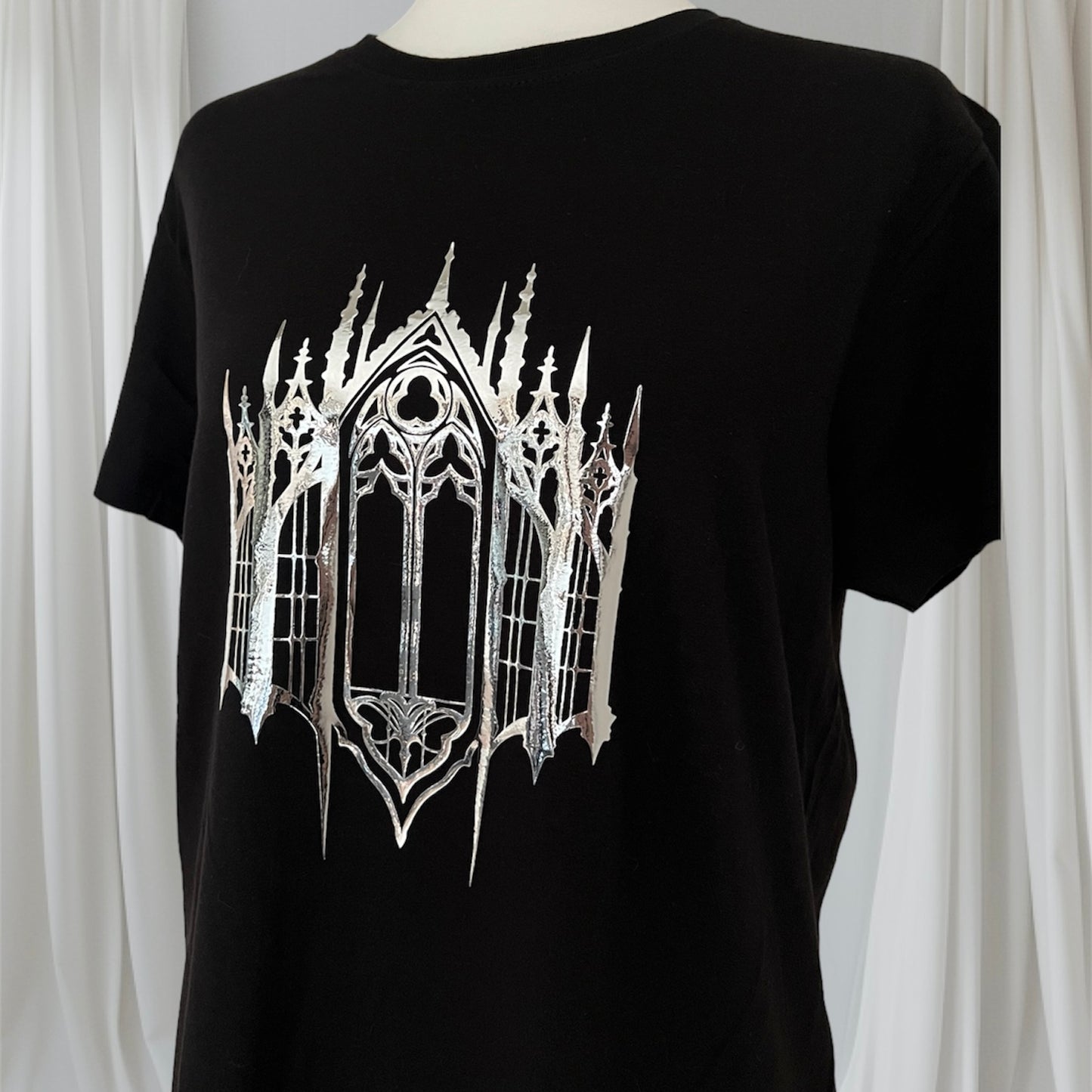 Gothic Cathedral window Unisex t-shirt regular size in silver foil or gold foil
