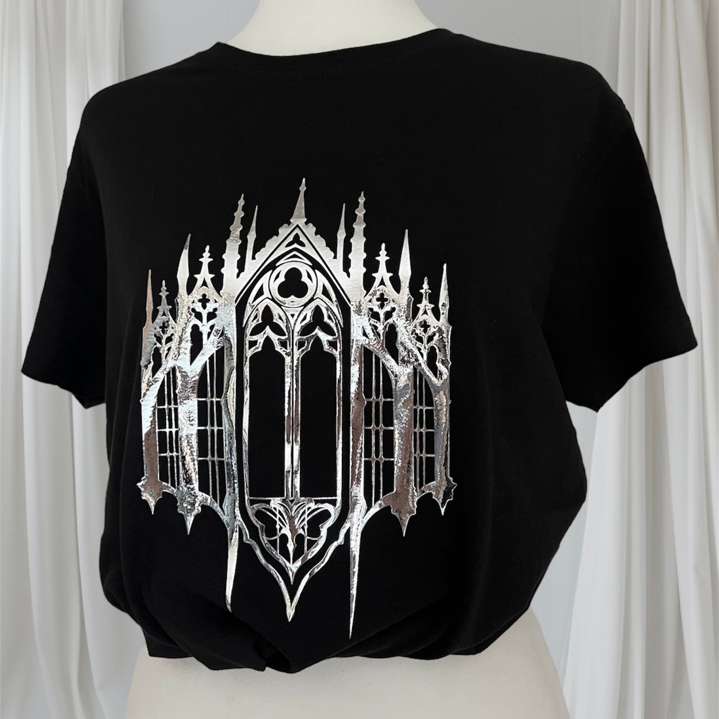 Gothic Cathedral window Unisex t-shirt regular size in silver foil or gold foil