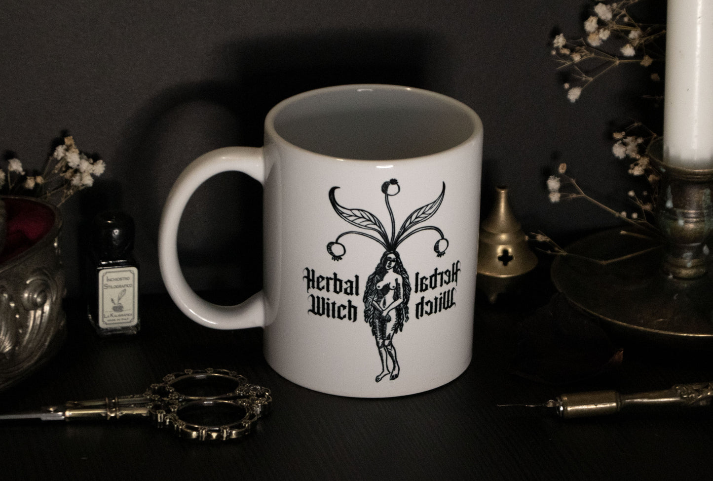 Herbal witch mug with mandrake illustration