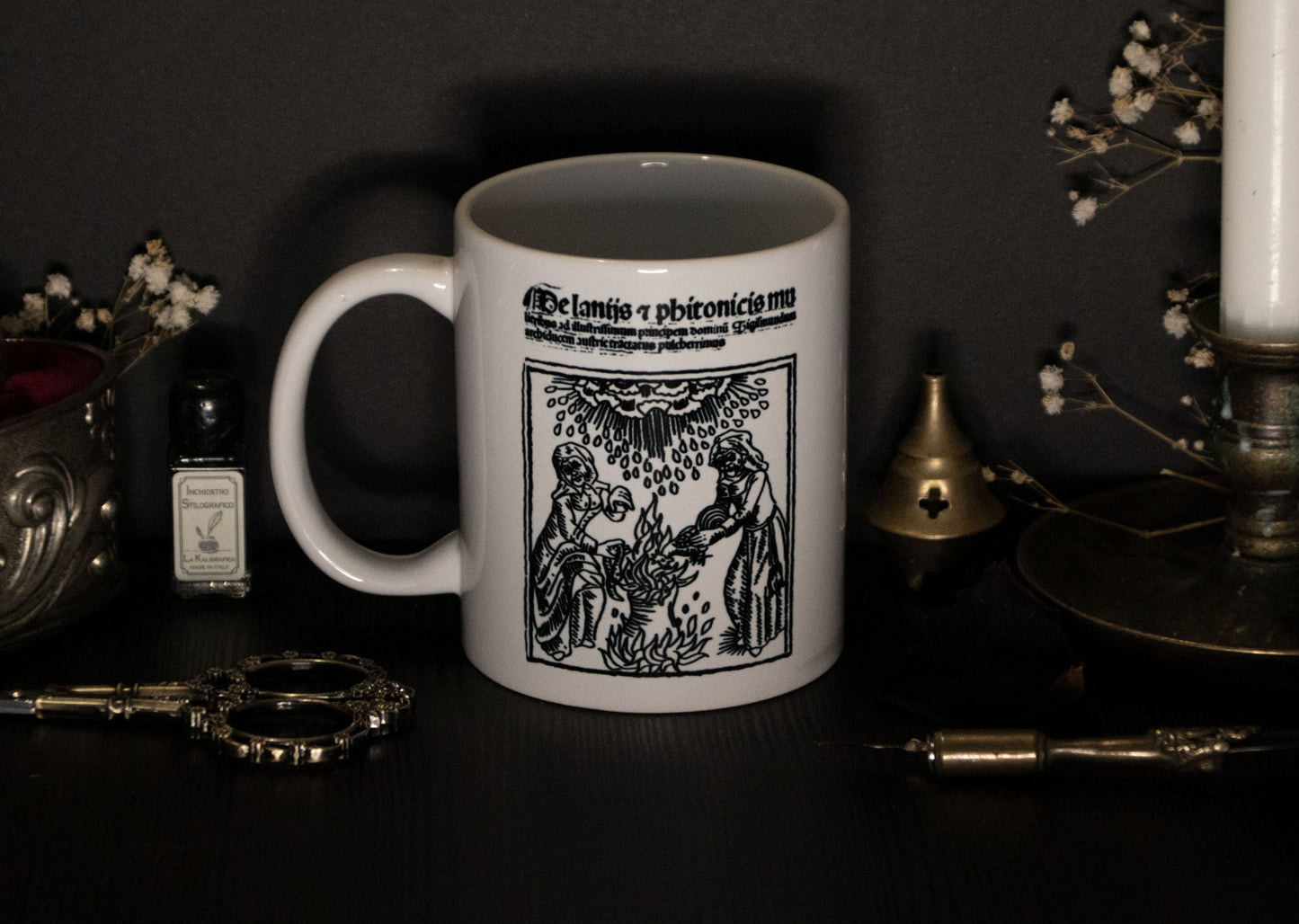 Witch mug with medieval witchcraft illustration