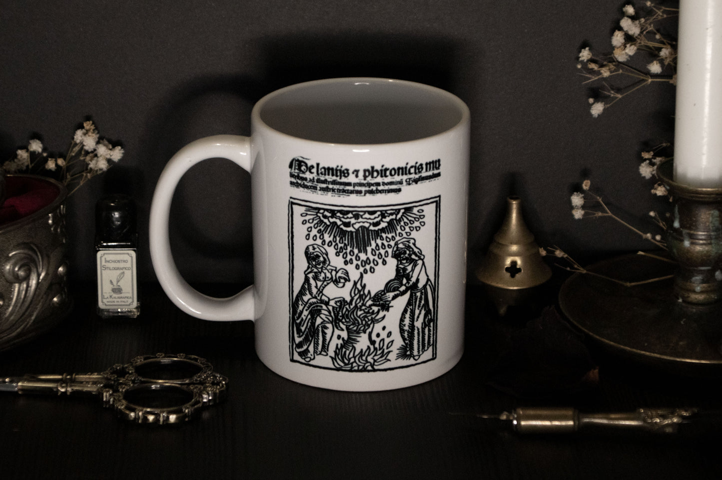 Witch mug with medieval witchcraft illustration