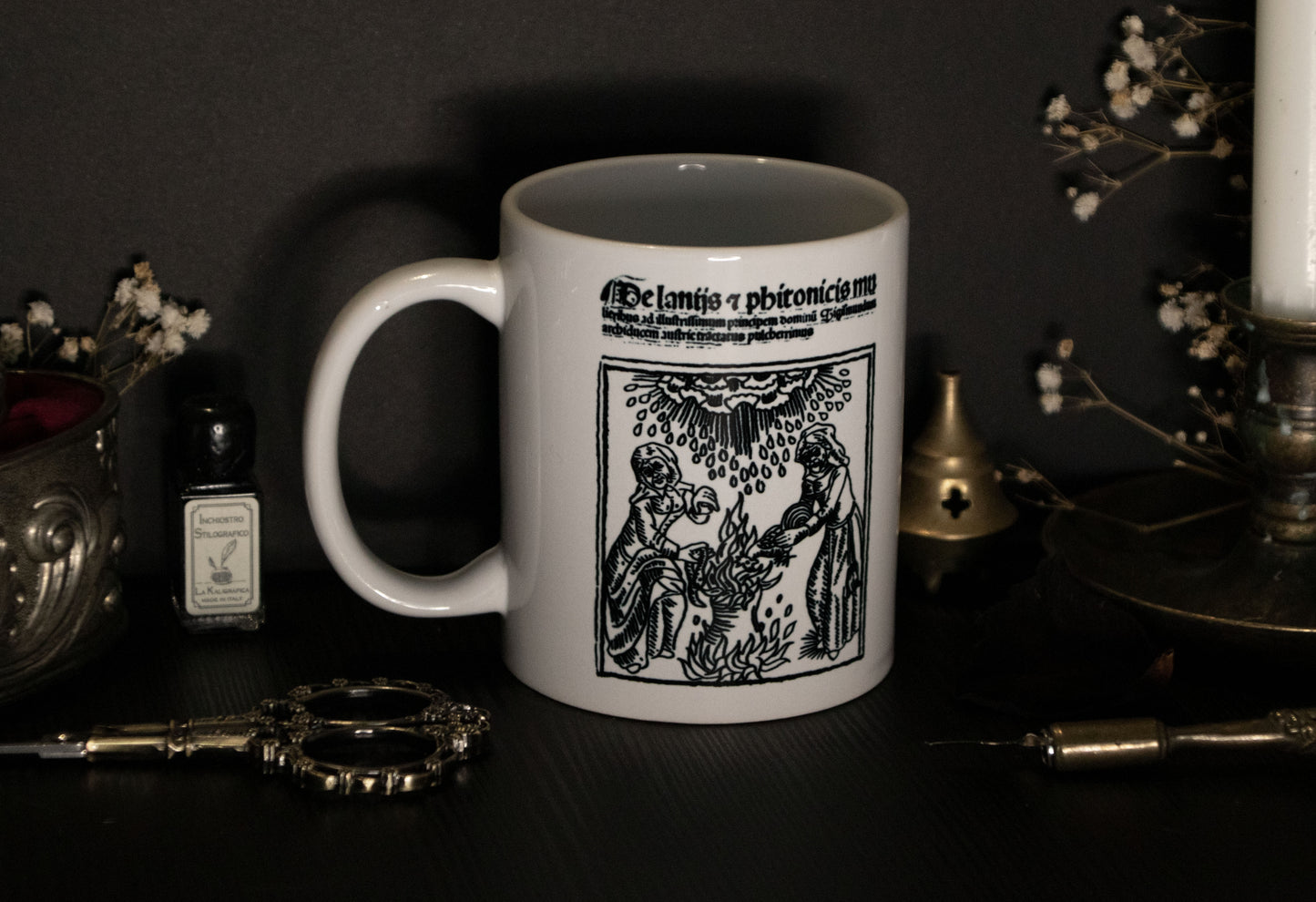 Witch mug with medieval witchcraft illustration
