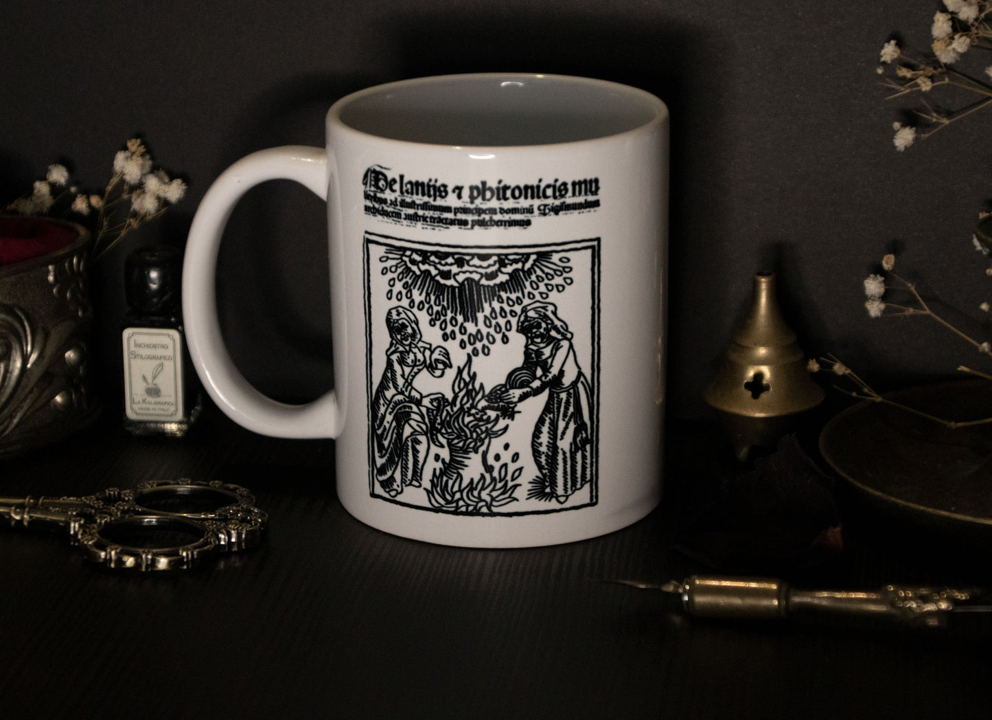 Witch mug with medieval witchcraft illustration