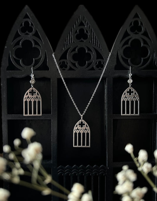 Cathedral window “Votiva” set earrings + necklace in stainless steel