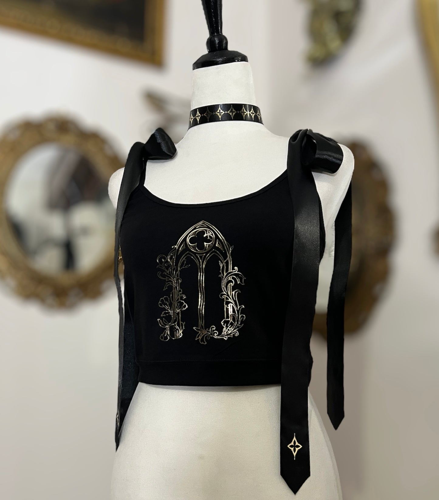 Cathedral window crop top witch bow in Gold or Silver foil