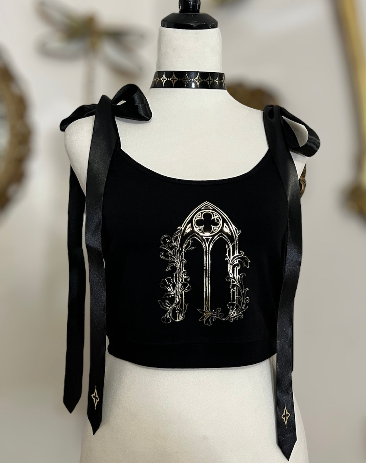 Cathedral window crop top witch bow in Gold or Silver foil