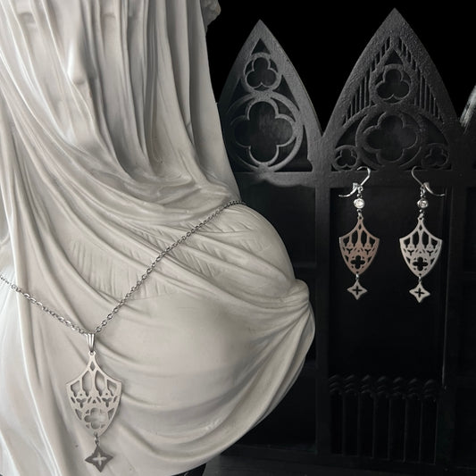 Cathedral window “Votiva” 2.0 set earrings + necklace in stainless steel