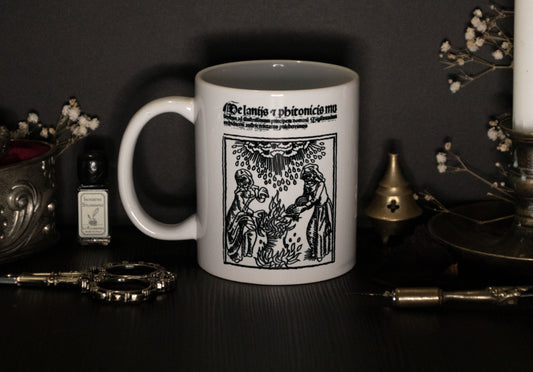 Witch mug with medieval witchcraft illustration